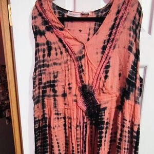 Roaman's Coral and Black Tie-Dye Midi Dress